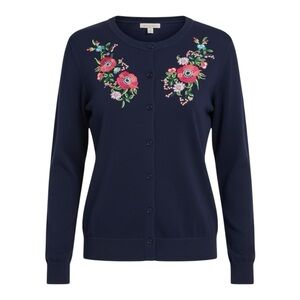 Vintage Embroidered Cardigan Sweater Sz 18 Navy Floral Button Down Cottagecore